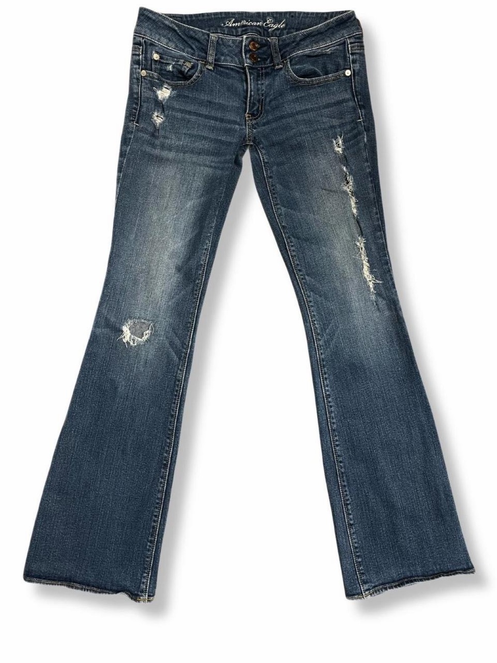 American Eagle low rise artist distressed denim bootcut jeans